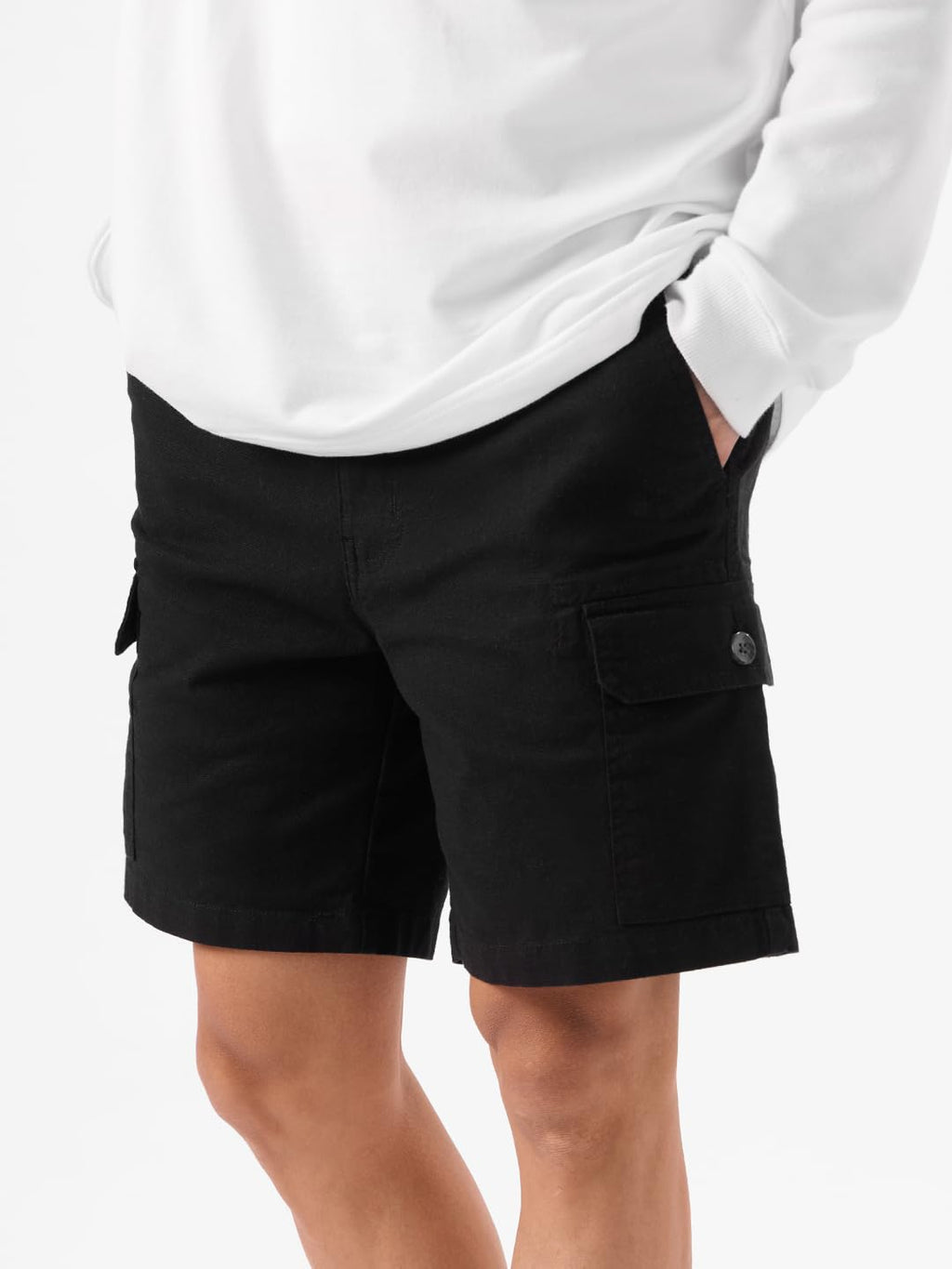 The Souled Store Solids: Deep Black Men and Boys Cotton Blend Knee Length Cargo Shorts