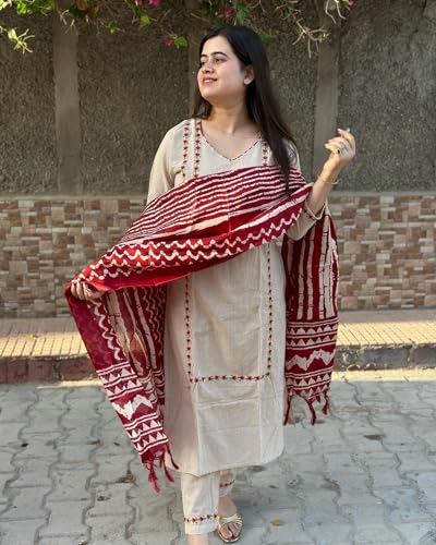 ANNI DESIGNER Womens Cotton Blend Straight Embroidered Kurta with Pant & Dupatta (DD BEIGE-NW_S_Beige_Small)