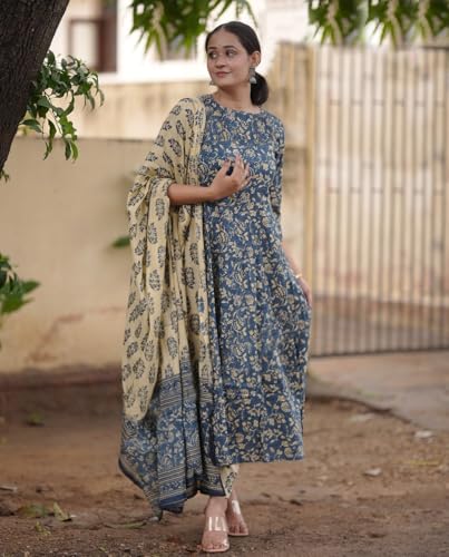 ANNI DESIGNER Womens Rayon Blend Anarkali Printed Kurta with Pant & Dupatta (Junapith Blue_L_Blue_Large)