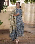 ANNI DESIGNER Womens Rayon Blend Anarkali Printed Kurta with Pant & Dupatta (Junapith Blue_L_Blue_Large)