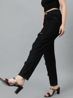 Kotty Women High Rise Cotton Lycra Distressed Jeans Jet Black