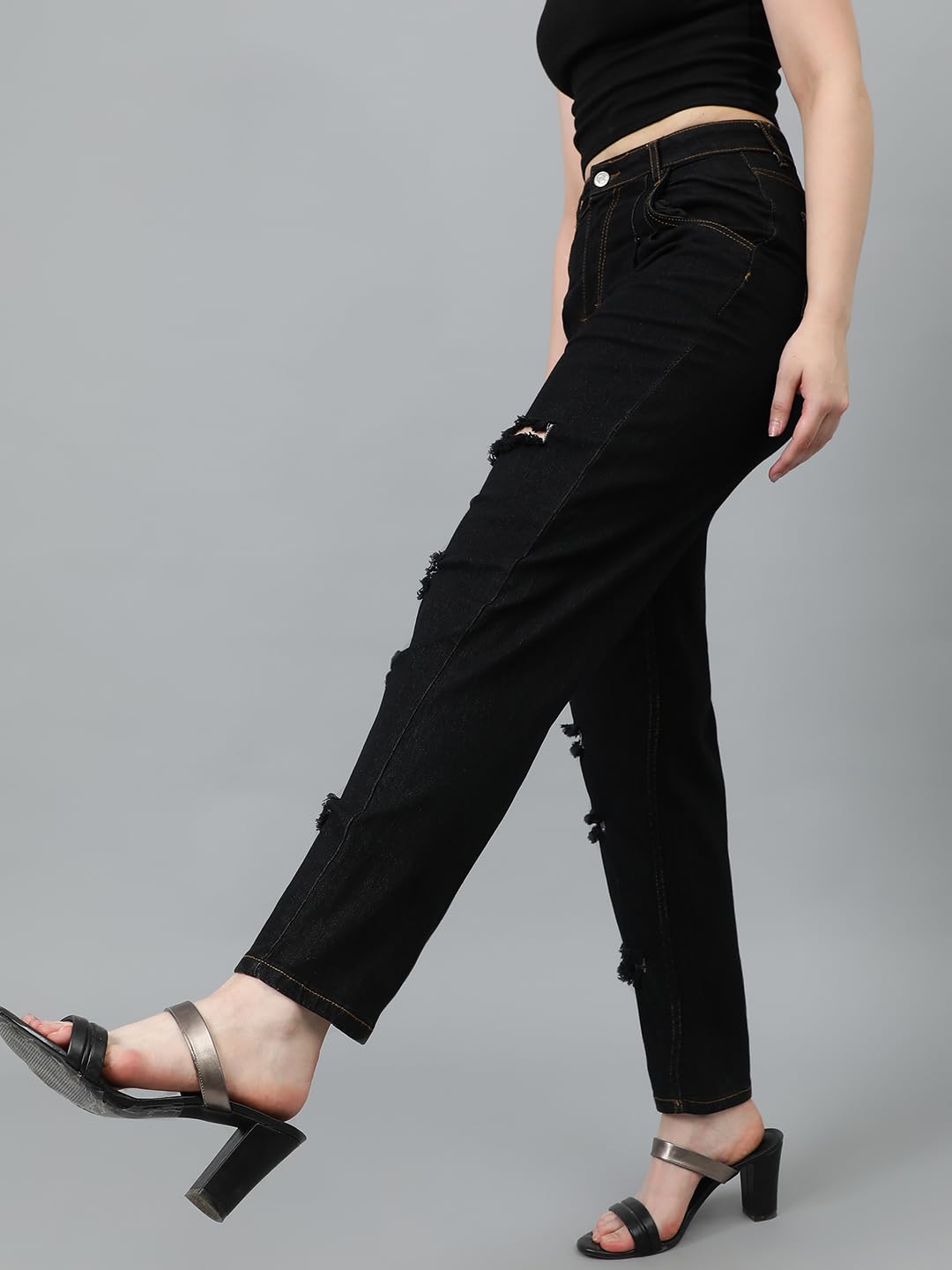Kotty Women High Rise Cotton Lycra Distressed Jeans Jet Black