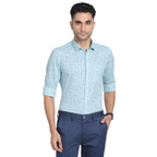 Turtle Men Cotton Linen Sky Blue Printed Slim Fit Full Sleeve Formal Shirt
