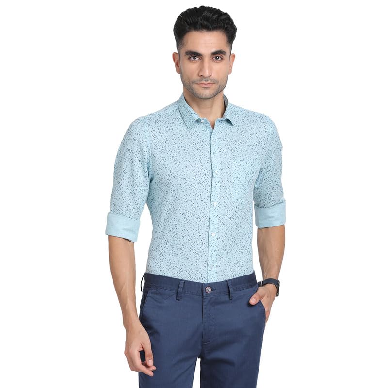 Turtle Men Cotton Linen Sky Blue Printed Slim Fit Full Sleeve Formal Shirt