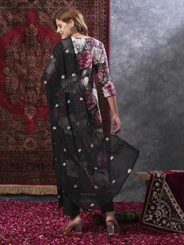 ANNI DESIGNER Womens Rayon Blend Straight Printed Kurta with Pant & Dupatta (Poona Black-VKS01_M_Black_Medium)