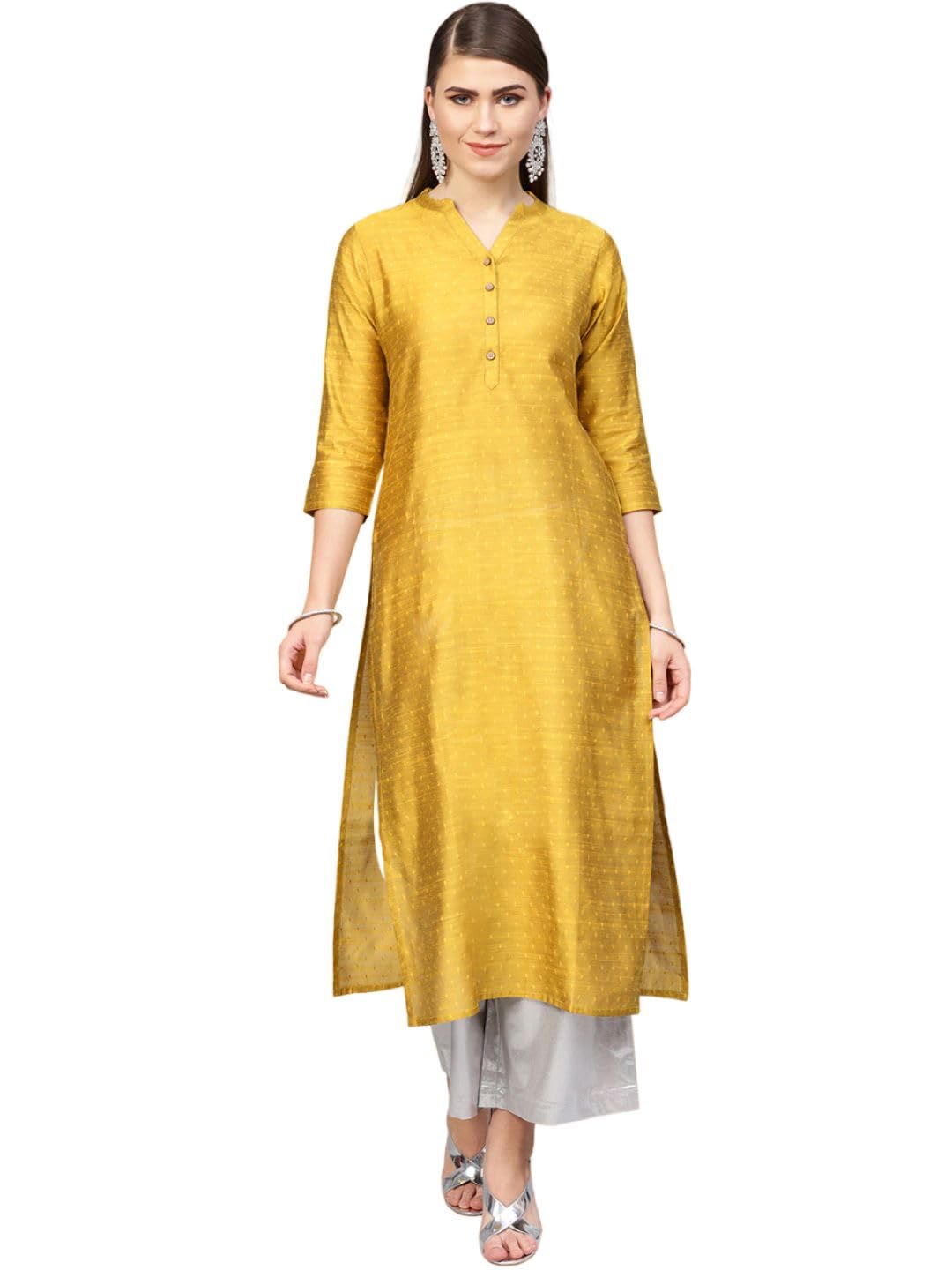 Varanga Women Mustard Yellow Striped Gotta Patti Dobby Kurta