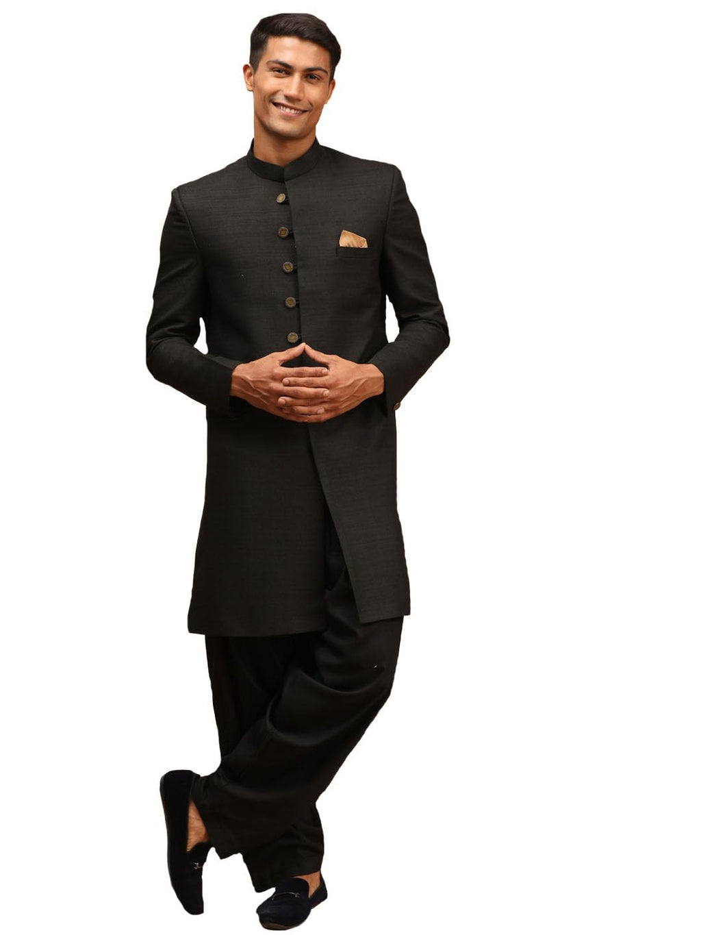 VASTRAMAY Mens Black Silk Blend Sherwani Set | Imported Fabric Designer Indowestern And Pant style Pyjama Set