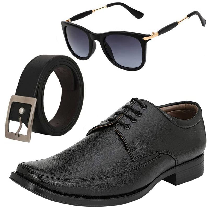 Vitoria Gracefull & Fashionable Men Formal Shoes with Free Belt & Unisex Rabbar Stick Black Wyfer Sunglasses Combo/9 9