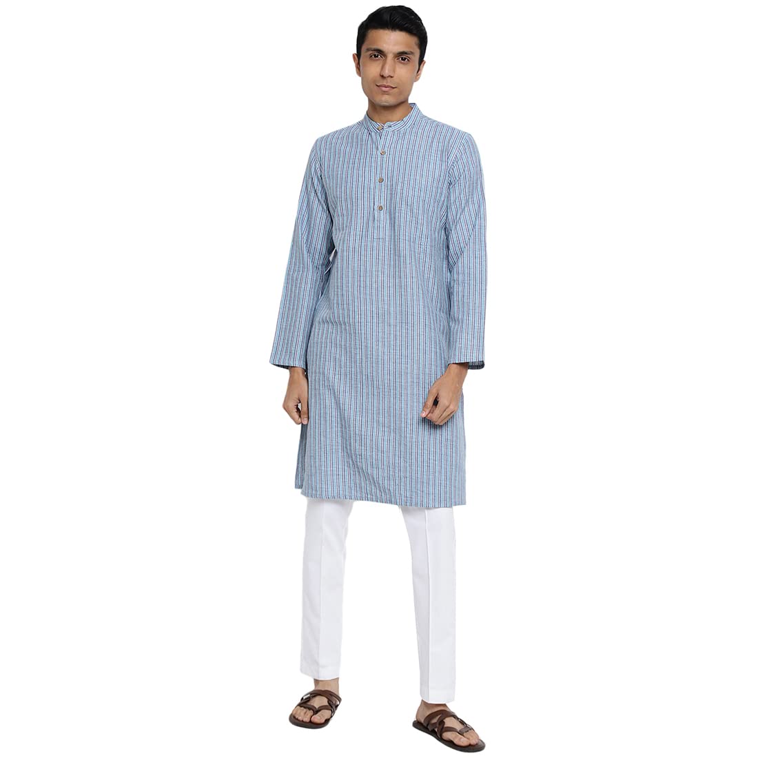 Fabindia Men Cotton Striped Long Kurta Blue_Xl