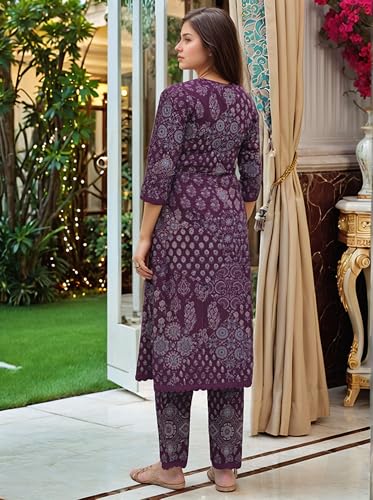 ANNI DESIGNER Womens Rayon Viscose Straight Printed Kurta with Pant (KADAI Wine_S_Wine_Small)