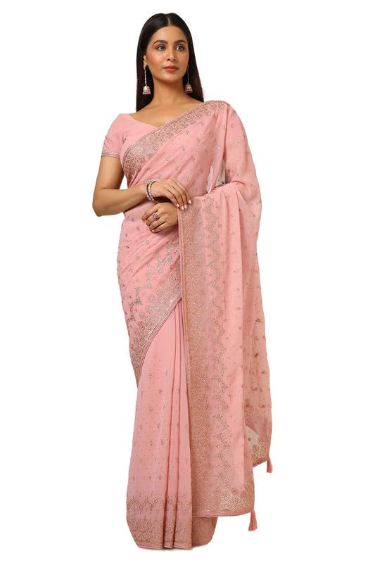 Soch Women Georgette Embroidered Saree with Tassels
