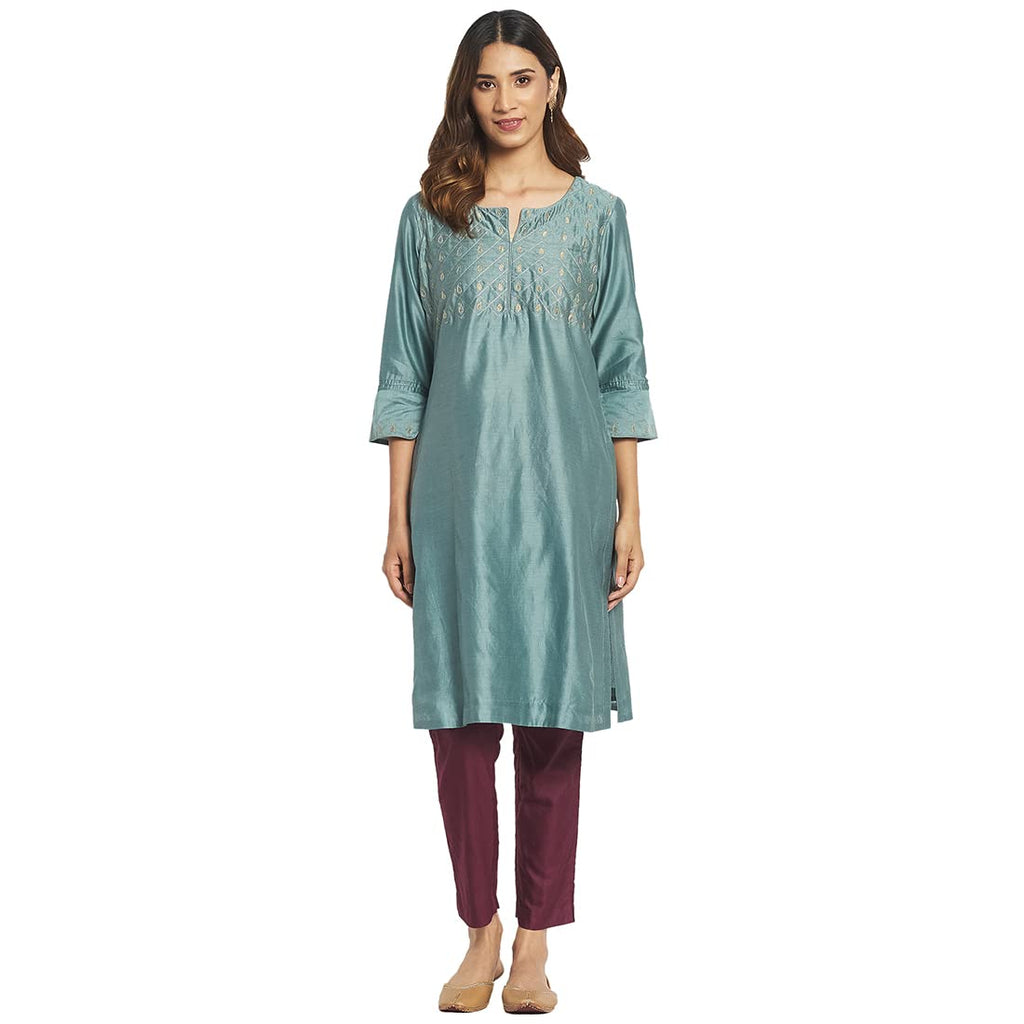 Fabindia Women Cotton Silk Embroidered Knee Length Kurta Blue_Xl