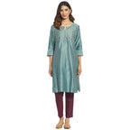 Fabindia Women Cotton Silk Embroidered Knee Length Kurta Blue_Xl