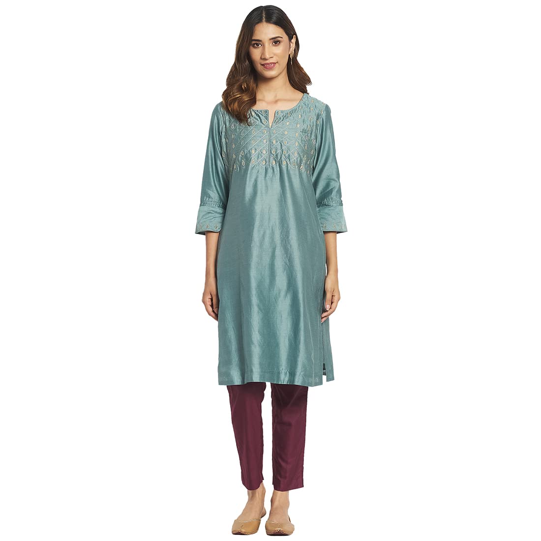 Fabindia Women Cotton Silk Embroidered Knee Length Kurta Blue_Xl