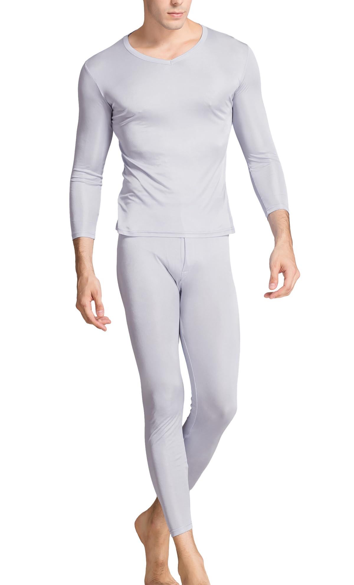 Grenasasilk Men 's Silk Long Johns Mulberry Silk Long Underwear V-Neck Breathable Thermal Underwear Sets & Undergarments (M, Sil