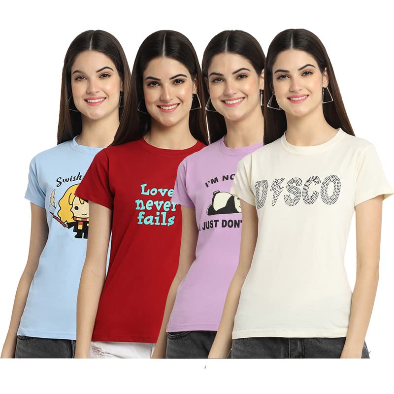 Preneum Womens Cotton Regular Fit Latest Graphic Stylish Printed Short Sleeves Casual T-Shirt || Trendy (Pack 4), Blue & Red & 