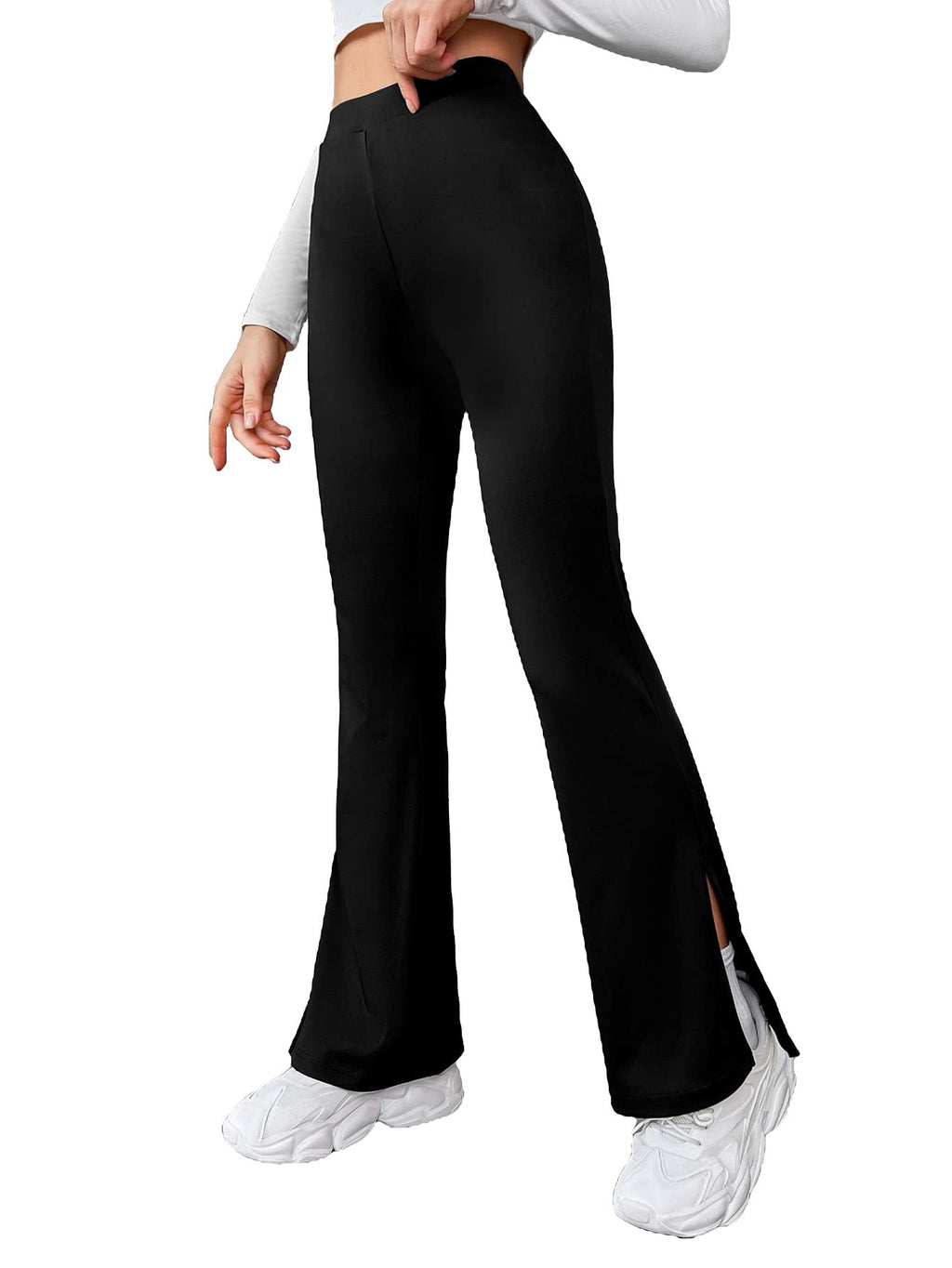 Digital Shopee WomenS & Girls Solid Side Split Hem Flare Leg Bell Bottom Pants Trouser (Black, Extra Small)