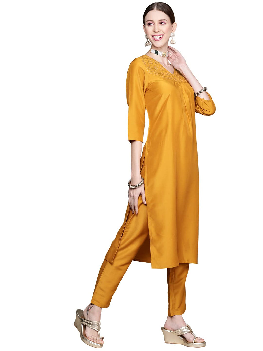 Ziyaa Women'S Mustard Chinon Straight Kurta And Pant Set(Zikuch3779Andpa)