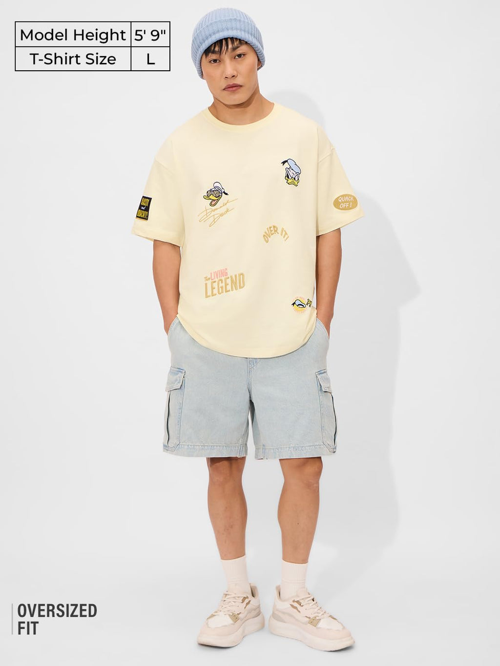 The Souled Store Official Donald Duck: Quack Off Men and Boys Short Sleeves Round Neck Yello Embroidered Cotton Oversized T-Shir