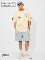The Souled Store Official Donald Duck: Quack Off Men and Boys Short Sleeves Round Neck Yello Embroidered Cotton Oversized T-Shir