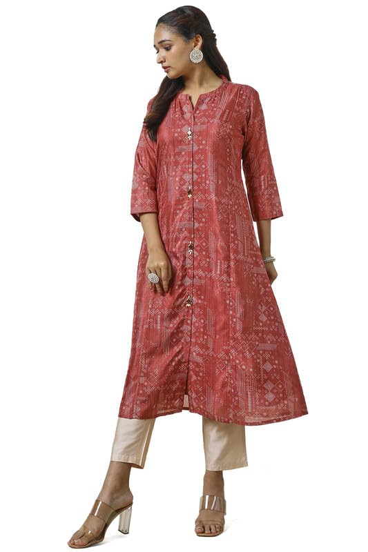 Soch Womens Rust Art Silk Abstract Print Kurta With Beads