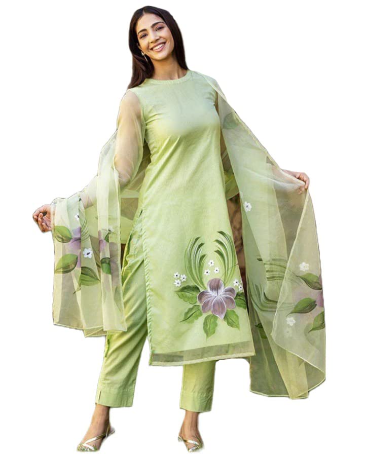 ANNI DESIGNER Womens Chanderi Cotton Straight Printed Kurta with Pant & Dupatta (Idika Green_XXL_Green_XX-Large)