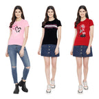 Preneum Womens Cotton Regular Fit Latest Graphic Stylish Printed Short Sleeves Casual T-Shirt || Trend & Style (Pack 3), Pink &