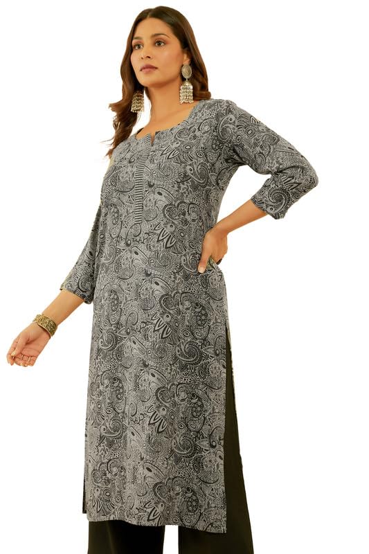 Soch Womens Grey Ethnic Motifs Print Rayon Slub Kurta