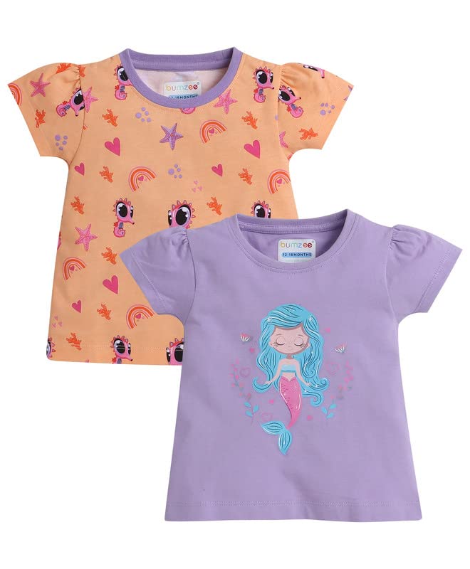 BUMZEE Orange & Purple Girls Cap Sleeves T-Shirts Pack of 2 Age - 6-12 Months (Peb8196C-org.PRP)