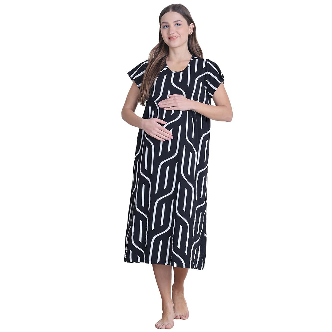 Secret Wish Black Abstract Hosiery Maternity Nighty/Maxi Nighty/Feeding/Nursing/Zipper/Nighty/Night Gown 2