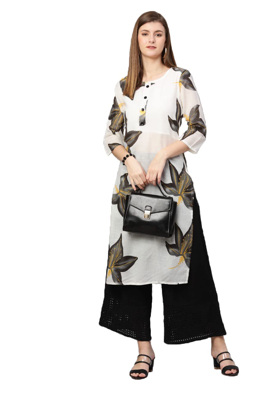 Gosriki Women'S Cotton Printed Straight Kurti (Alisha White & Black_L-Go_White & Black_Large)