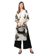 Gosriki Women'S Cotton Printed Straight Kurti (Alisha White & Black_L-Go_White & Black_Large)