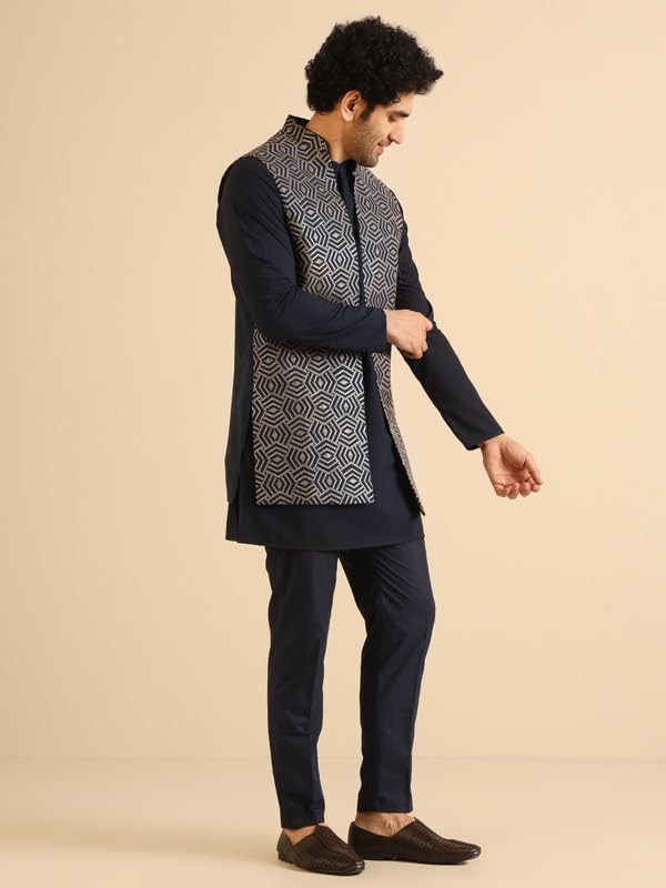Kisah MenS Kurta Jacket Trouser Set, Navy Blue Cotton Blend, Embroidered Regular Fit Mandarin Collar Long Sleeves (40)