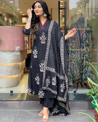 ANNI DESIGNER Womens Rayon Blend Straight Printed Kurta with Pant & Dupatta (Jimny Black_S_Black_Small)