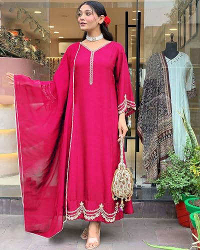 ANNI DESIGNER Womens Rayon Viscose Anarkali Embroidered Kurta with Pant & Dupatta (Ranibai Pink_L_Pink_Large)