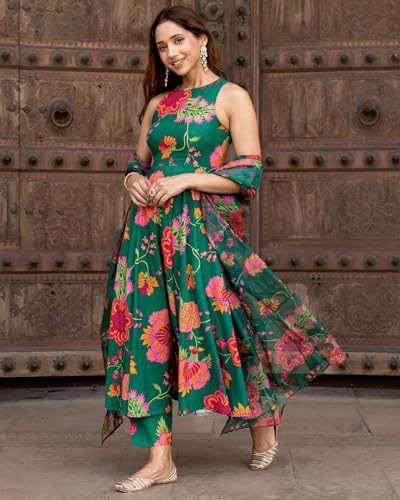 ANNI DESIGNER Womens Cotton Blend Printed Anarkali Kurta with Pant & Dupatta (Tanujashri Green_L_Green_Large)