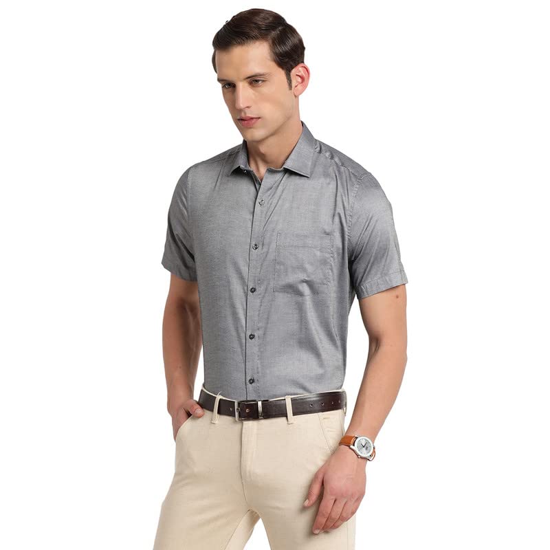Turtle Men Cotton Solid Regular Fit Half Sleeve Formal Shirts Grey