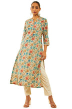 Soch Womens Beige & Green Linen Floral Printed Kurta With Lace Details