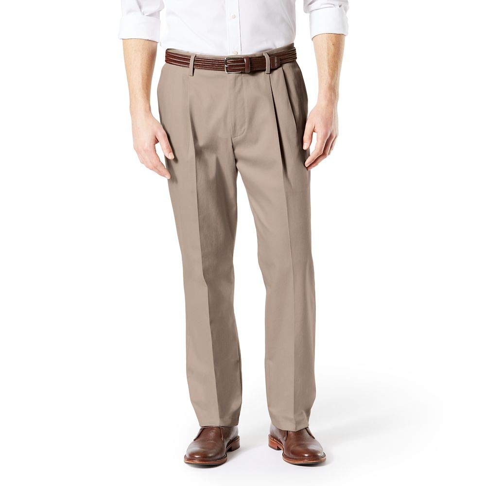 Dockers Men's Classic Fit Signature Khaki Lux Cotton Stretch Pants-Pleated (Regular and Big & Tall), Timberwolf, 46W x 28L