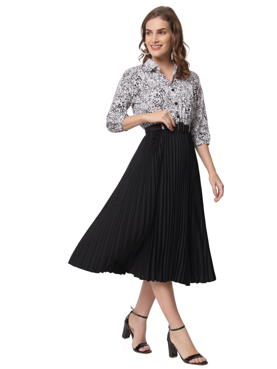 Kzully WomenS Print 3/4 Sleeve Pleated Midi Dress With Belt Black
