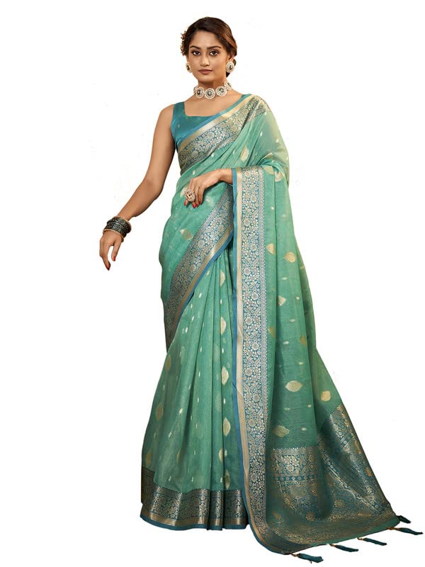 Satrani Womens Banarasi Silk Blend Saree (2786S102N_Turquoise Green)