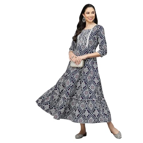 Stylum Women'S Bandhej Printed Rayon Tiered Kurta (Ingoginny38_ Navy Blue, M)