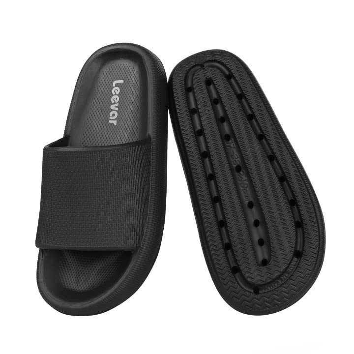 Black Cloud Slippers for Women and Men -Leevar Massage Shower Bathroom Non-Slip Open Toe Cloud Slide Soft Comfy Thick Sole Cloud
