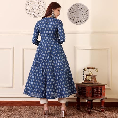 ANNI DESIGNER Womens Rayon Viscose Anarkali Printed Kurta with Pant & Dupatta (Menon Blue_XL_Blue_X-Large)