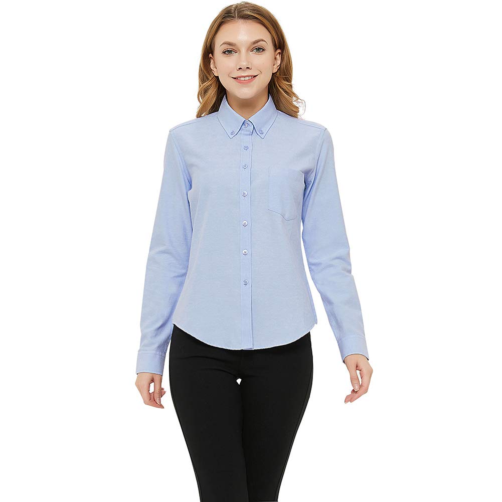 MGWDT Button Down Shirt Women Long Sleeve Blouse Oxford Shirt Classic-Fit Cotton Tops Wrinkle Resistant Blue X-Large