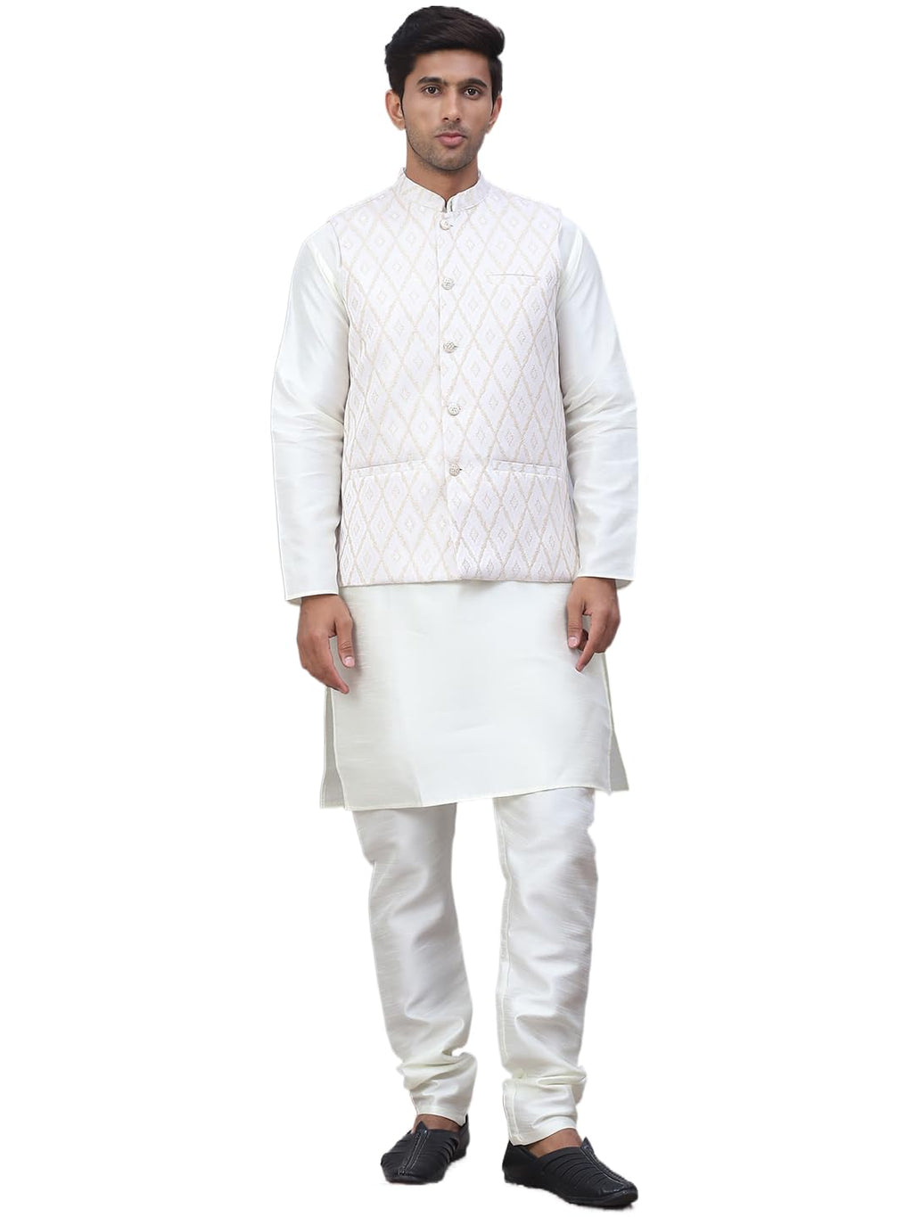 Jompers Mens Embossed Nehru Jacket With Solid Kurta Pyjama Set