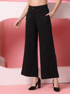 OOMPH! Women Trouser | Wide Leg High Waist Trousers | Solid Formal & Casual Pants with Front Patch Pockets | Officewear, Travel,