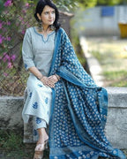 ANNI DESIGNER Womens Rayon Blend Embroidered Straight Kurta with Pant & Dupatta (VINEEKA White_M_Blue_Medium)