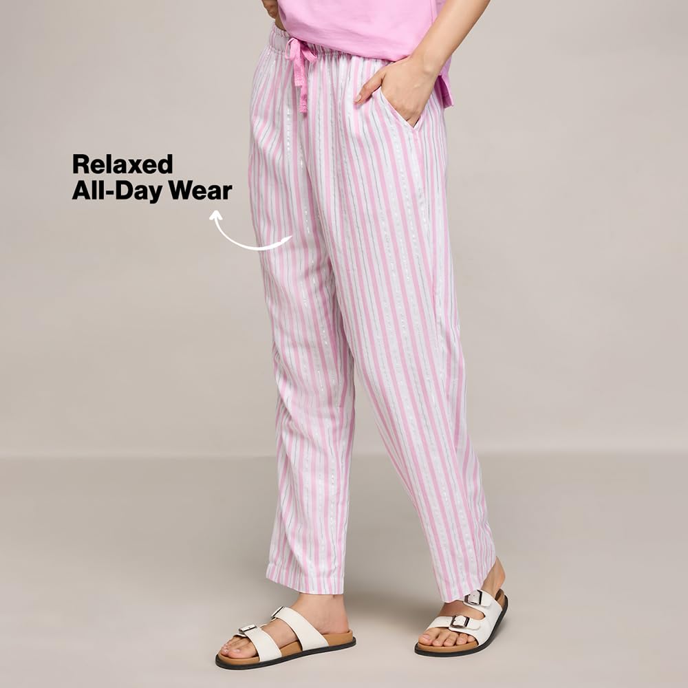NYKD (NYS141 Striped Pure Cotton Pyjama Sleepwear Pants for Women | Relaxed Fit with Non-Slip Elasticated Waistband, Adjustable