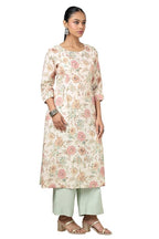Soch Womens Beige Linen Floral Print Kurta With Beads And Stones